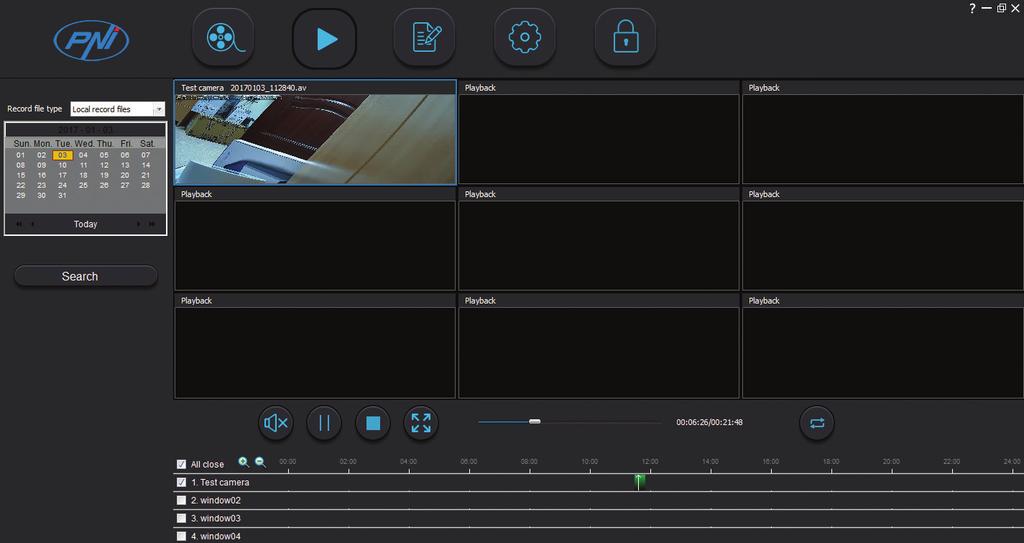 Playback (lejátszás): Lementett felvételek keresése és lejátszása PC-n Válassza ki Local record files : Válasszon ki egy felvételt egy időintervallum között.