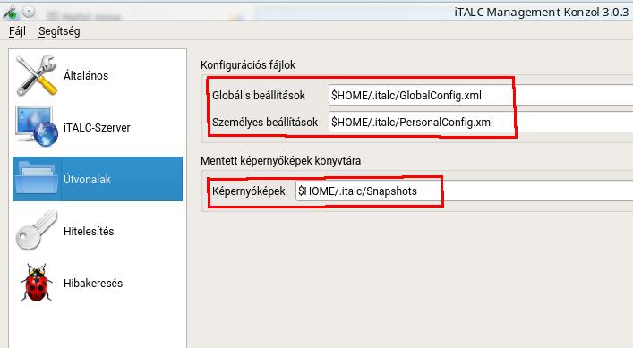 Az Útvonalak résznél a következő beállításokat alkalmazzuk: Globális beállítások : $HOME/.italc/GlobalConfig.xml Személyes beállítások : $HOME/.italc/PersonalConfig.xml Képernyőképek : $HOME/.