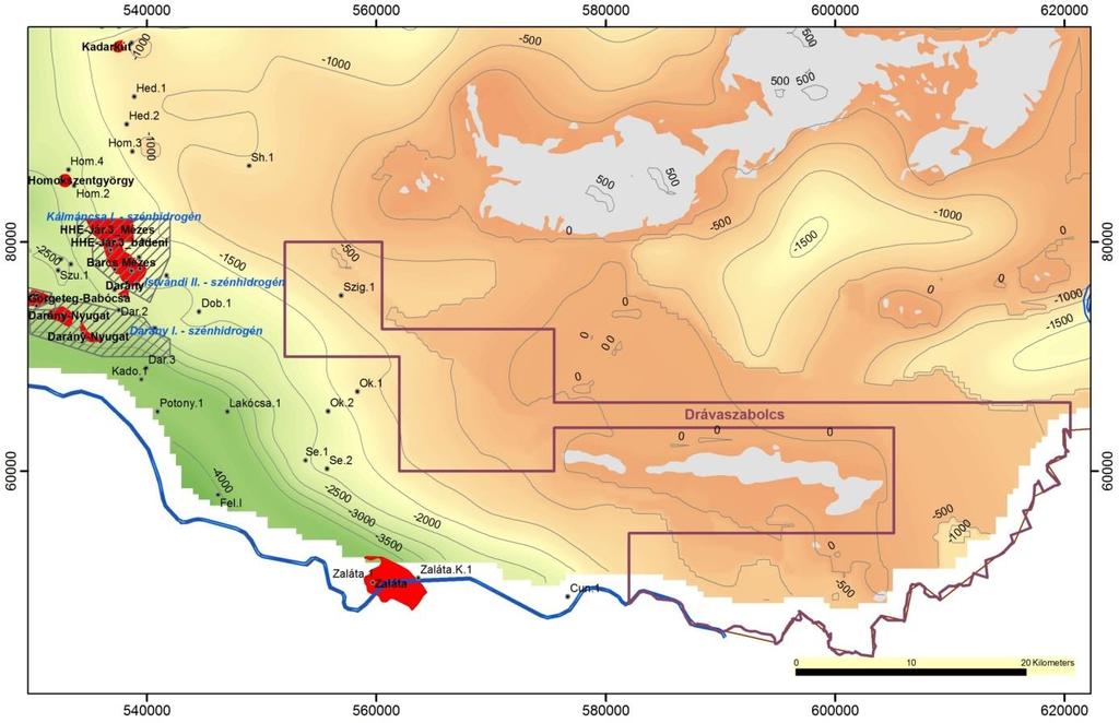 44. ábra. Drávaszabolcs vizsgálati terület környezete szénhidrogén előfordulásai (pirossal jelölve) a prekainozoos aljzat mélységtérképén 39. táblázat.
