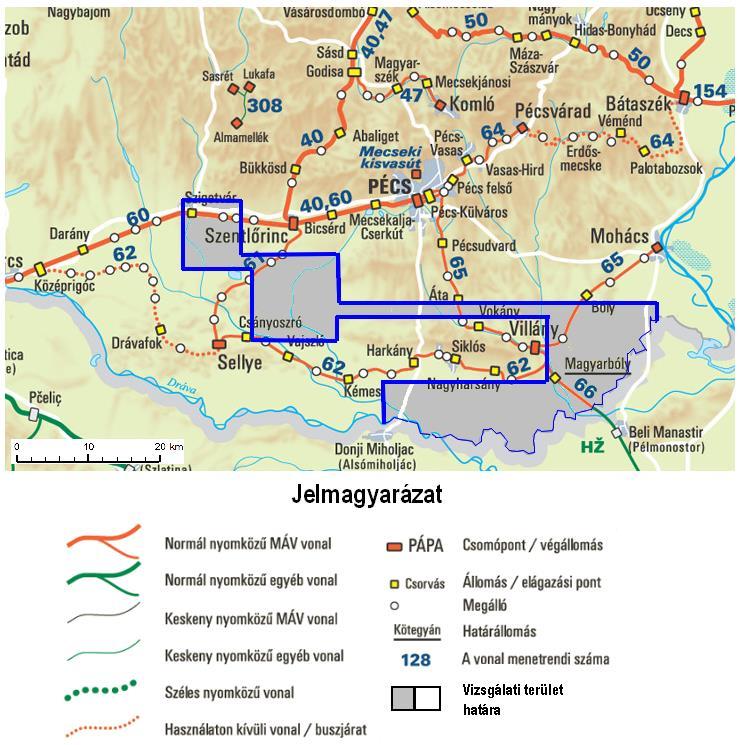 53. ábra. A Drávaszabolcs vizsgálati terület térségének (Baranya megye) vasúti közlekedési hálózatának térképe (Alappont Mérnöki- és Térképszolgáltató Kft. nyomán, 2006).