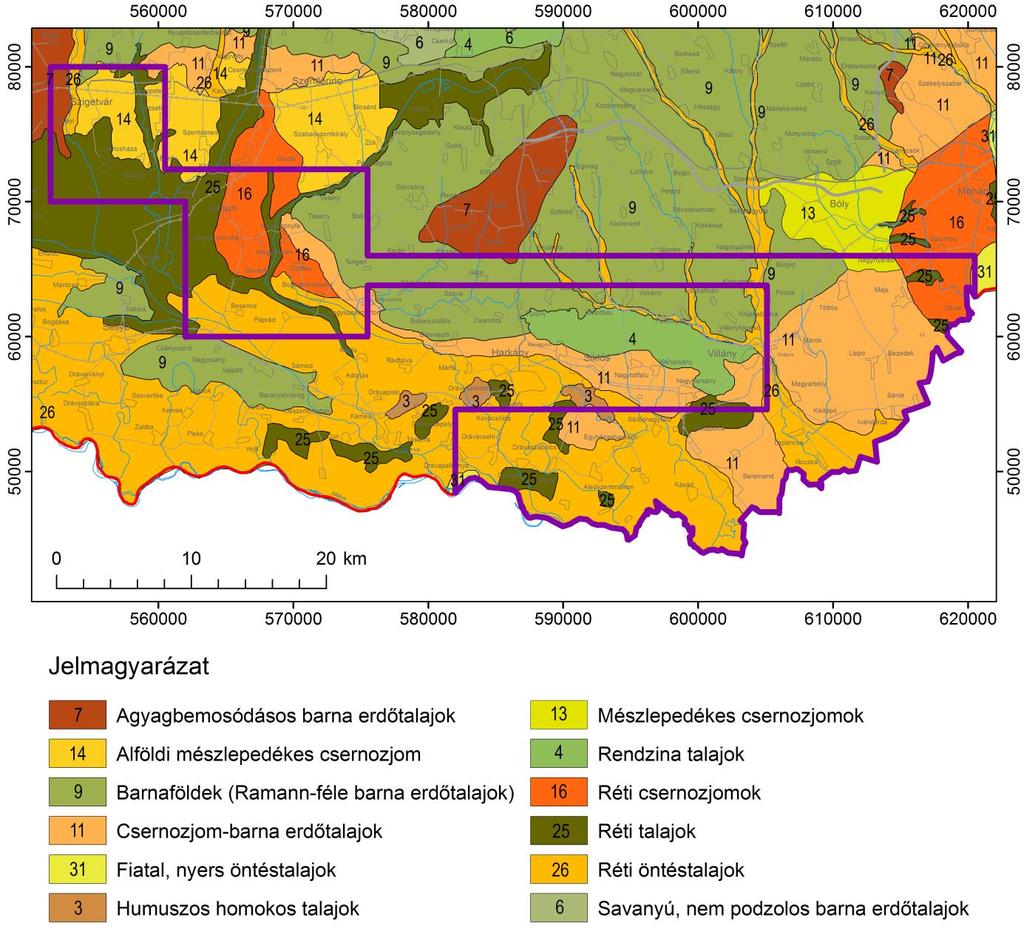 6. ábra. Talajtípusok a Drávaszabolcs vizsgálati területen (VKGA 2009) 1.1.2.2. Talajérzékenység A bányászati koncessziós munkálatokkal (=hatások) szemben mutatott talajérzékenységet térképen ábrázoltuk.