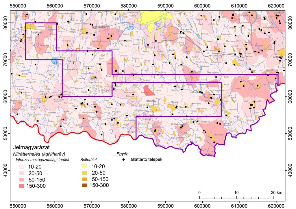 72 34. ábra. Települési és mezőgazdasági nitrátterhelés, nagylétszámú állattartó telepek 1.4.2.2. Felszín alatti víztestek, nyilvántartott víztermelő kutak és ivóvízbázisok A vizsgálati területen és annak 5 km-es körzetében nyilvántartott kutakat többféle célra hasznosítják (bővebben ld.