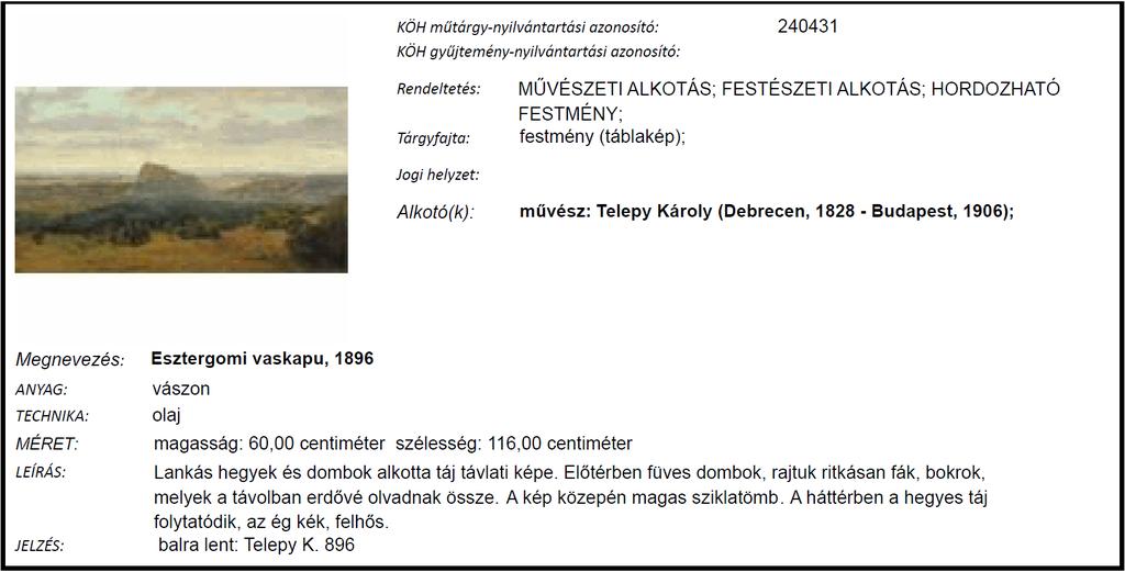 A 2005 júliusában budapesti magántulajdonból ellopott Egry József (Újlak, 1883 - Badacsonytomaj, 1951): Fények a Balatonon [műtárgy-nyilvántartási azonosító: 6200] című festményt a lopást követően a