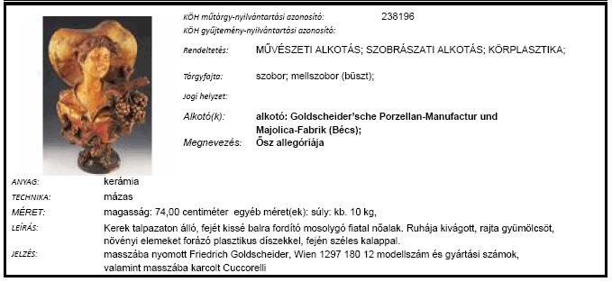 A 2007 októberében budapesti magántulajdonból ellopott Goldscheider sche Porzellan-Manufactur und Majolica-Fabrik (Bécs): Ősz allegóriája [műtárgy-nyilvántartási azonosító: 238196] című iparművészeti