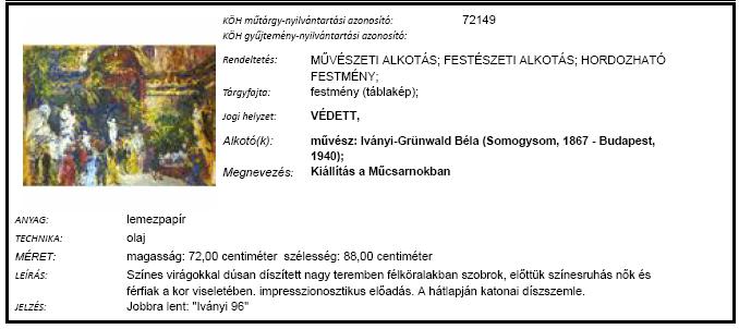 A 2011 márciusában budapesti magántulajdonból ellopott Iványi-Grünwald Béla (Somogysom, 1867 - Budapest, 1940): Kiállítás a Műcsarnokban (Szoba kiállítás) [műtárgy-nyilvántartási azonosító: 72149]