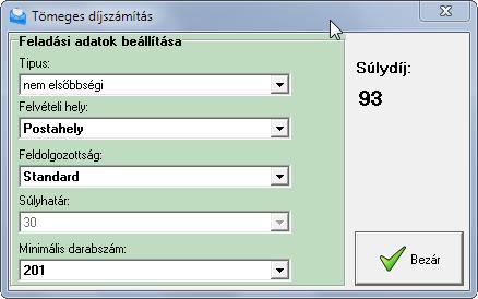 Állítsa be a tömegesen feladni kívánt küldemények típusát, a felvételi helyet, a feldolgozottság mértékét, a súlyhatárt és a darabszámot.