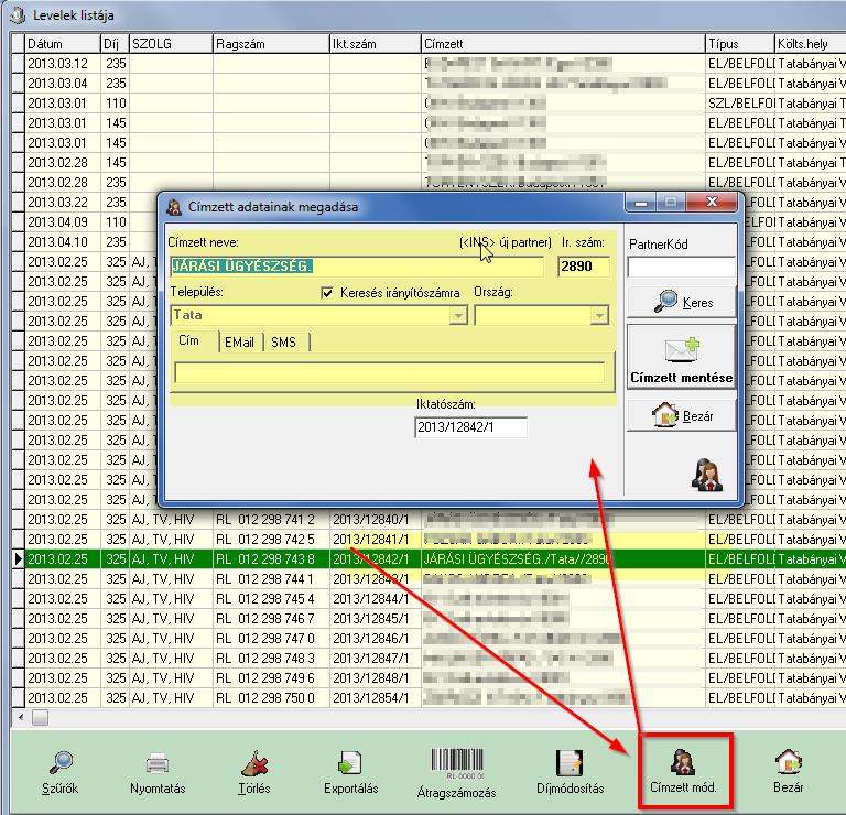 13.1.2 Javítás A hibás adatokkal rögzített küldemény javításának első lépése a küldemény megkeresése a levelek listája ablakban. A küldemény sorát ki kell jelölni a módosítás előtt (Lásd: 7.