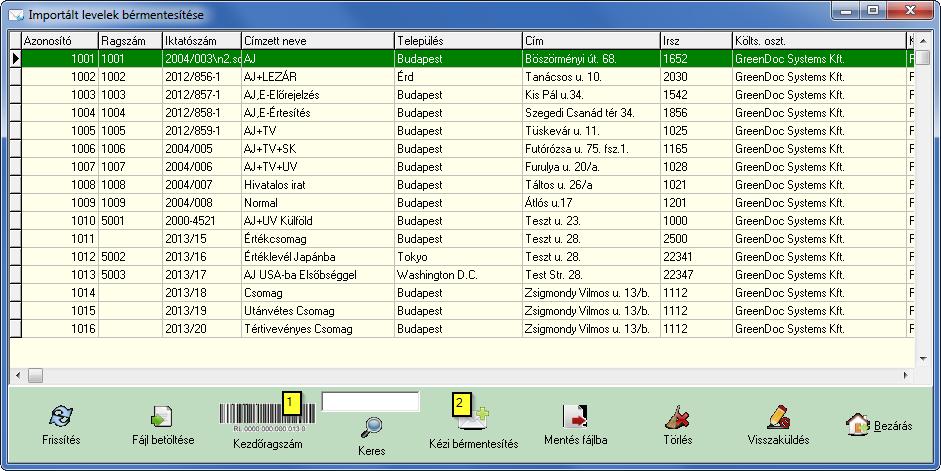 A Rendben gomb után megjelennek az importálandó adatok: 20.2 Küldemények létrehozás a címlistából 1.