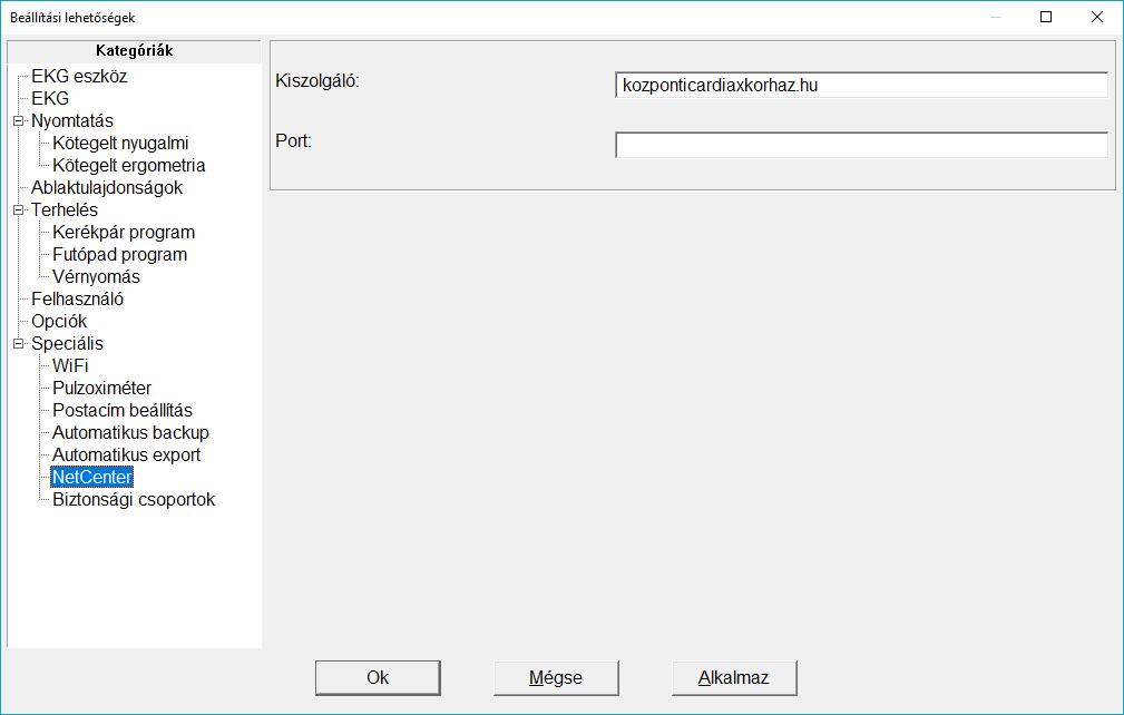 Felhasználói oldal (kliens): A központi szerverre történő kapcsolódáshoz előzetesen a Beállítások menüben a Speciális / NetCenter oldalon be kell állítani a központi gép címét, valamint a port száma