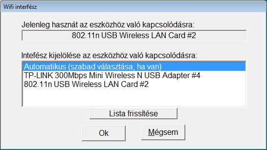 WiFi interfész kijelölése Ha több WiFi csatoló is elérhető a számítógépen, alap esetben a Cardiax program automatikusan azt választja az EKG-vel való kommunikációra, amelyiken az adott időben nincs