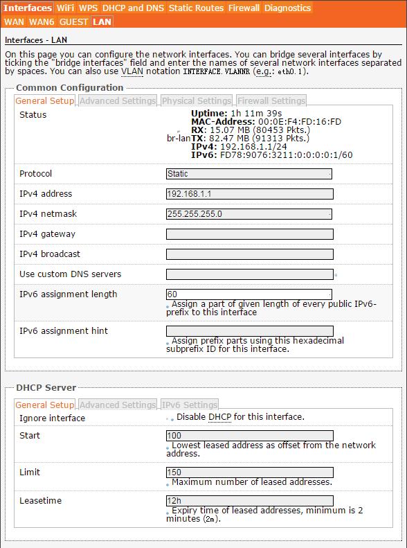 LAN bemenetek "IPv4 Address" / "IPv4 Netmask": Ez a router IP-címe és alhálózati maszk címe.