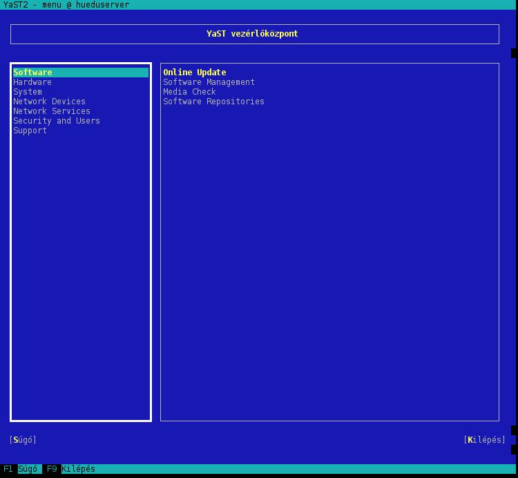 XVI.2. YaST segítségével Parancssorban kiadjuk (putty segítségével) YaST parancsot. 212. ábra: YaST Online Update menü pontot kiválasztjuk.