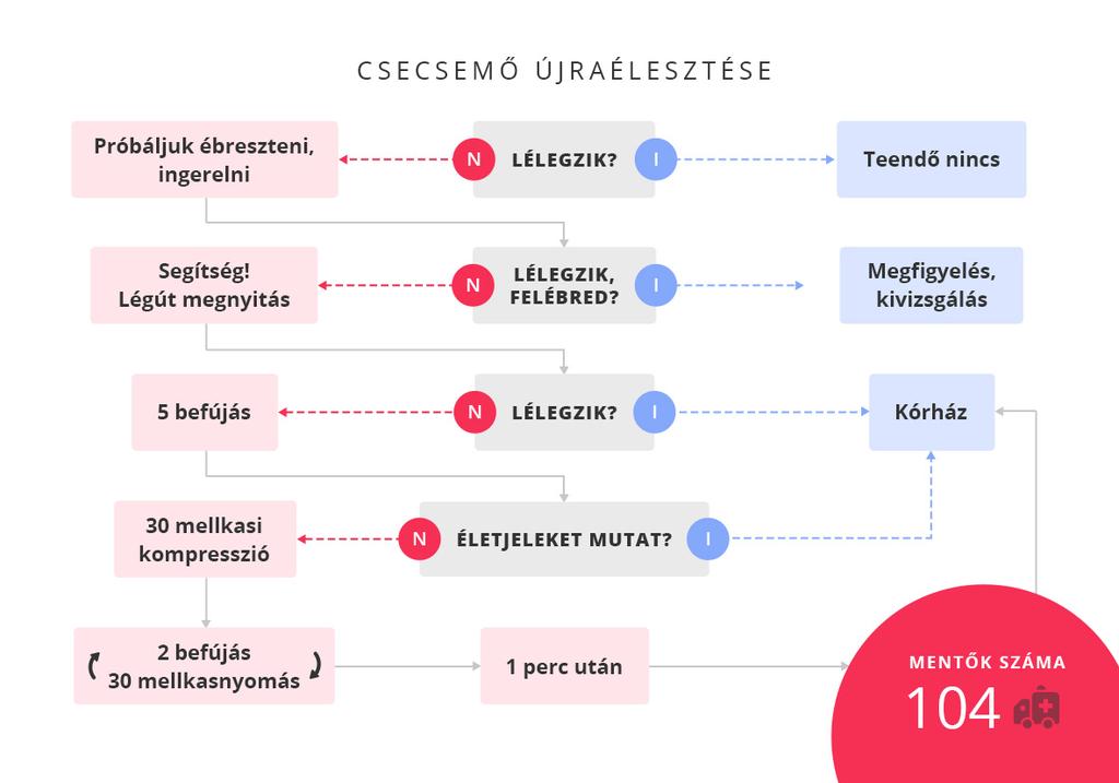 A két lélegeztetést ismét 30 mellkaskompresszió követ, majd megint két lélegeztetés, 30 mellkaskompresszió, két lélegeztetés és így tovább.