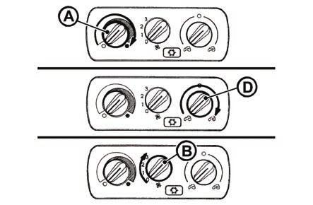 Forgassa a fűtőszelep (A) szabályozóját a jobboldali állásba (a fűtőszelep teljesen kinyitva). 2. Állítsa be a fülkében történő levegőkeringtetés szabályozóját (D) a belső recirkulációs állásba. 3.
