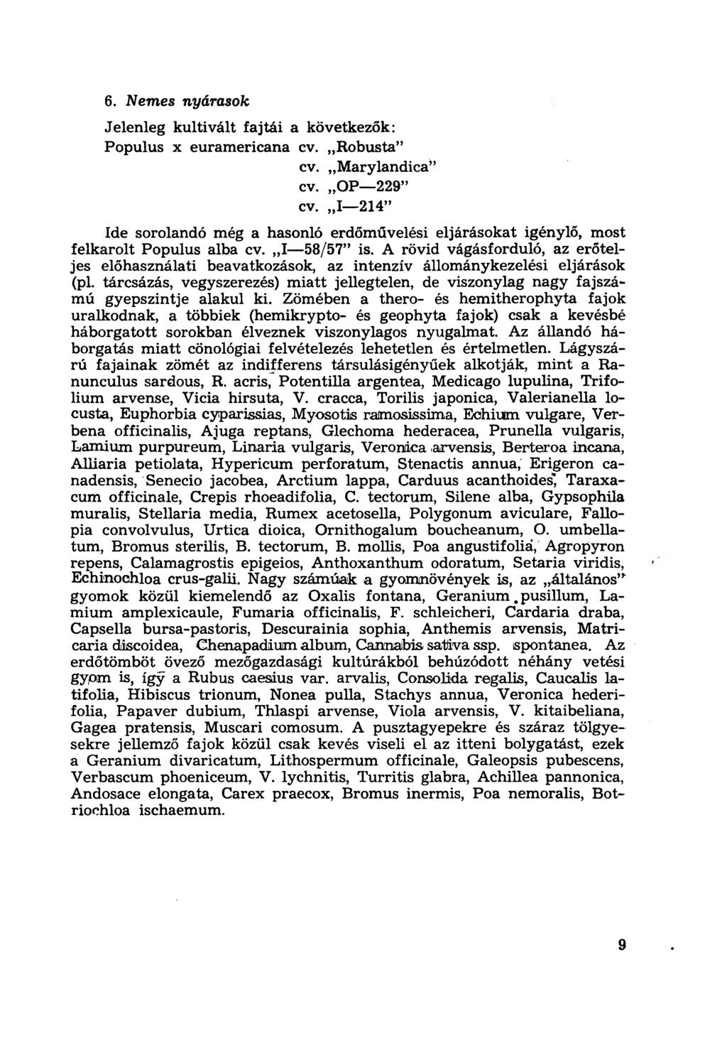 6. Nemes nyárasok Jelenleg kultivált fajtái a következők: Populus x euramericana cv. Robusta" cv. Marylandica" cv. OP 229" cv.