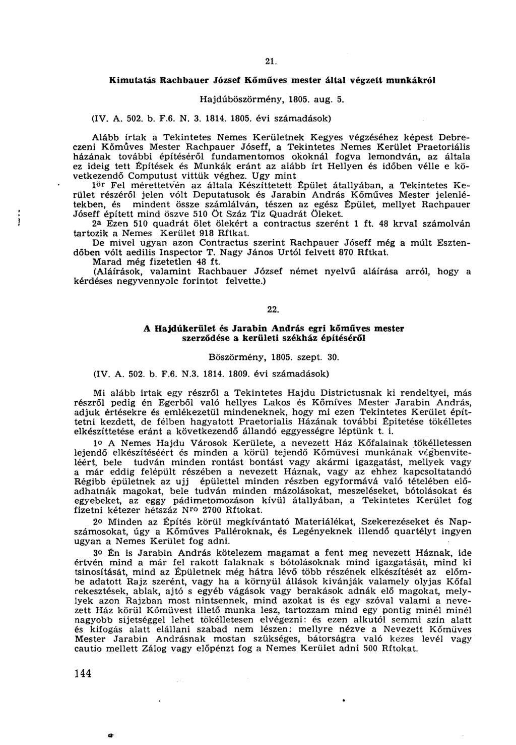 14. Kimutatás Rachbauer József Kőműves mester által végzett munkákról Hajdúböszörmény, 1805.