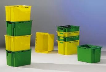 EGYMÁSBA RAKHATÓ DOBOZOK Elfordítva egymásba tehetõ dobozok KS 1 Polietilén, négy-négy szellõzõ bevágással a hosszanti oldalakon, a rakodóperem alatt. Speciálisan az élelmiszeripar számára.