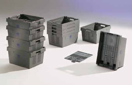 Egymásba rakható szállító- és komissiózó dobozok KSB 5237 Polipropilén, speciálisan könyvnagykereskedések számára. Külméret: H 570 x Sz 370 x M 260 mm. Belméret: H 428 x Sz 318 x M 257 mm.