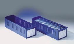 TÁROLÓDOBOZOK Tárolódobozok acéllemezbõl a, 400 és 500 mm-es polcmélységhez RK 301, acél, kék lakkozott, max. 10 részre osztható, 6 doboz polconként.