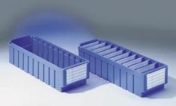 Tárolódobozok mûanyagból az 500 mm-es polcmélységhez TÁROLÓDOBOZOK RK 500 N Polisztirol, kék, max. 10 részre osztható, 6 doboz polconként.