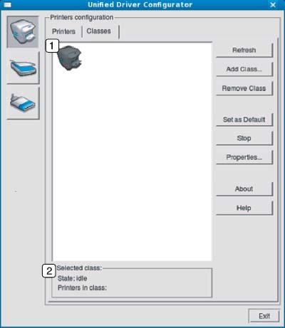 A Linux Unified Driver Configurator Classes lap A Classes fül a használható nyomtatóosztályokat tartalmazza.