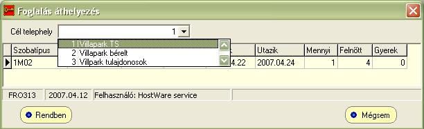 Szállodai Front Office winfro v7.8 4.1.2.7. Foglalás áthelyezés (FRO313) Többszállodás rendszer esetén a foglalás áthelyezés funkcióval foglalásunkat áthelyezhetjük egyik szállodából a másikba.