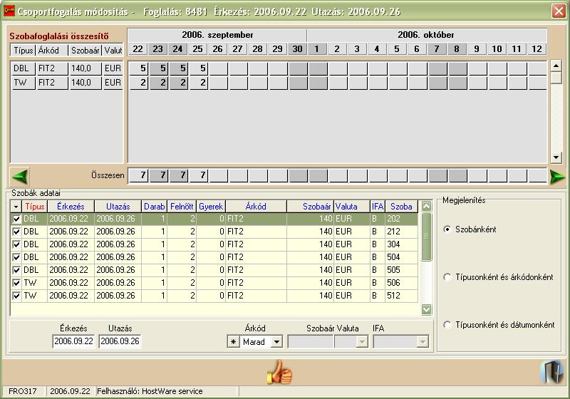 winfro v7.8 Szállodai Front Office 4.1.2.8. Csoportfoglalás módosítás (FRO317) A szolgáltatás a csoportfoglalás érkezés, utazás és árkód-szobaár adatainak módosítását teszi egyszerűvé.