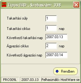 Szállodai Front Office winfro v7.8 A Töröl gomb segítségével töröljük a lemondott vagy tévesen felvitt ébresztést. 4.1.3.8. Ágyazási adatok Az ágyazáshoz, takarításhoz kapcsolódó általános beállításokat bírálhatjuk itt felül, az adott szoba vagy szobatípus esetén.