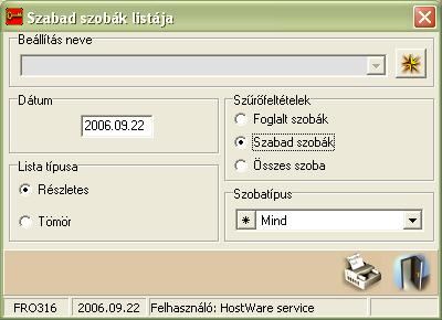 winfro v7.8 Szállodai Front Office 4.7. SZABAD SZOBÁK LISTÁJA (FRO316) A rendszerben található szabad szobákat lehet lekérdezni ezzel a listával.