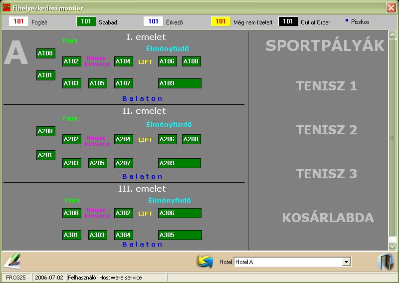Szállodai Front Office winfro v7.8 4.8. FOGLALTSÁG MONITOR (FRO325) A szálloda szobáinak állapotát látjuk itt egy képen összefoglalva.