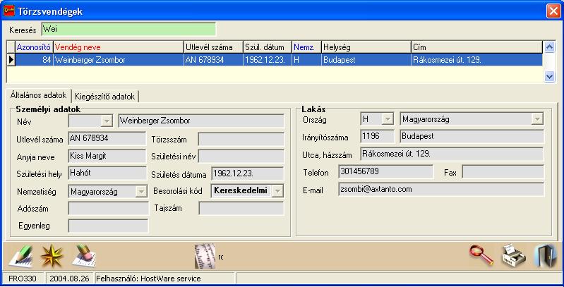 Szállodai Front Office winfro v7.8 4.10. TÖRZSVENDÉGEK (FRO330) A szállodánkba gyakran látogató, viszza-visszajáró vendégeket érdemes felvenni a Törzsvendégek közé.