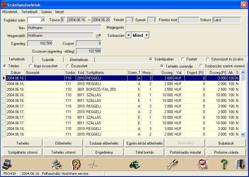 Szállodai Front Office winfro v7.8 5.1.1. Teljes foglalás számla adatainak kezelése Foglalás adatai A fenti képernyőn azon eset látható, mikor a teljes foglalás adatait kezeljük.