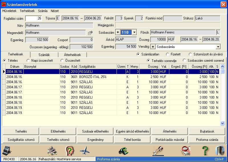 Szállodai Front Office winfro v7.8 5.1.2. Szobafoglalás számla adatainak kezelése Szobaszámla A fenti képernyőn, azaz eset látható, mikor egy szoba adatait kezeljük.