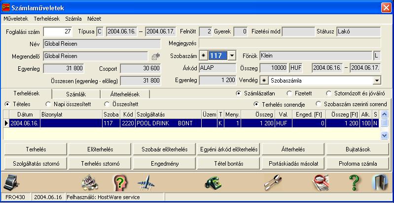 winfro v7.8 Szállodai Front Office 5.1.3. Vendég számla adatainak kezelése Vendégszámla A mellékelt képernyőn az az eset látható, mikor egy adott vendég adatait kezeljük.