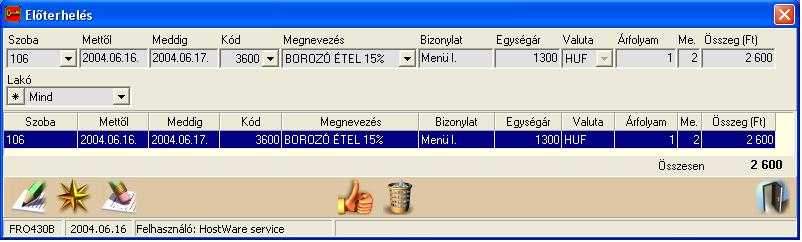 winfro v7.8 Szállodai Front Office 5.1.7.2. Előterhelés (FRO430b) Az adott foglalásra, szobára/vendégre terhelhetünk előre, megadott időszakra szolgáltatásokat, a szobaár kivételével.