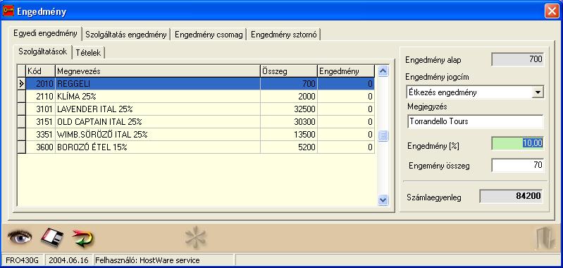 Szállodai Front Office winfro v7.8 5.1.8.2. Engedmény (FRO430g) Az adott foglalás már felterhelt tételeire adhatunk engedményt, illetve visszavonhatunk már megadott engedményt.