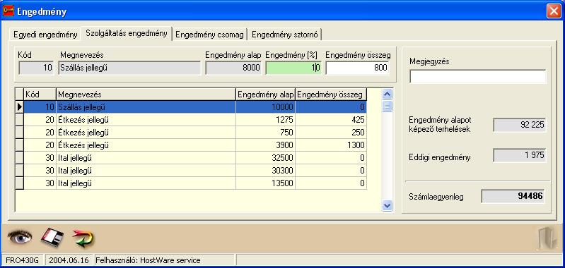 winfro v7.8 Szállodai Front Office SZOLGÁLTATÁS ENGEDMÉNY A fül használatával lehetséges szolgáltatás Engedmény kódok szerint, engedményt adni az azonos SZJ számú szolgáltatások körére.
