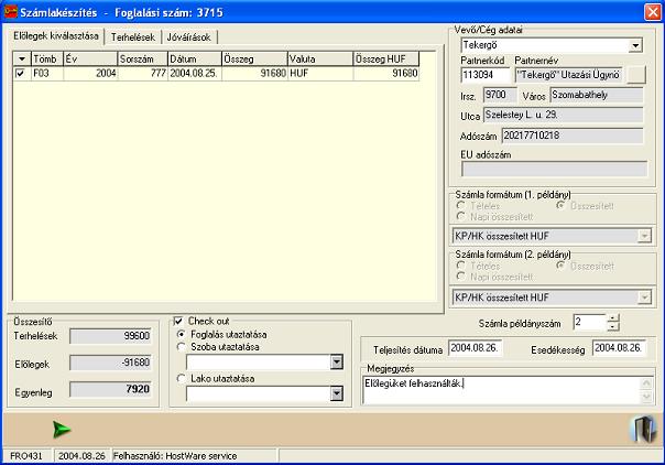 winfro v7.8 Szállodai Front Office fizetendő-átutalandó összeget. A Check out jelölő-négyzet bekapcsolt állapota esetén a számla elkészülte után a vendéget-szobát-foglalást elutaztatja a program.