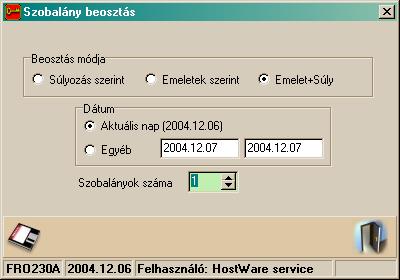 Szállodai Front Office winfro v7.8 6.7. SZOBALÁNY BEOSZTÁS (FRO230) A takarítás megtervezését végezhetjük el a szobaasszonyok számának beállításával.