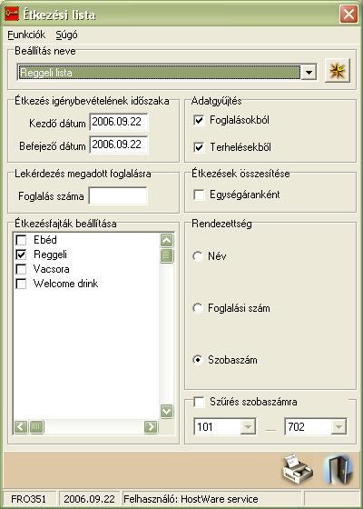 winfro v7.8 Szállodai Front Office 7.10. ÉTKEZÉSI LISTA (FRO351) Az étkezési lista a foglalások árkódjaiból illetve a terhelésekből gyűjti ki és összesíti az étkezési adatokat.
