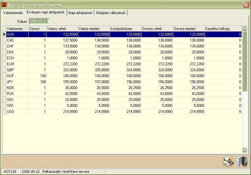 Szállodai Front Office winfro v7.8 3.2.2. Érvényes napi árfolyamok LEÍRÁS Az ablak az érvényes napi árfolyamokat mutatja meg valutanemenként.