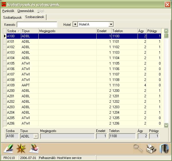 winfro v7.8 Szállodai Front Office 3.6.2. Szobaszámok LEÍRÁS A szolgáltatás használatával lehetséges a szobáink kategóriába sorolása, új szobák rögzítése, ill. a meglévők törlése.