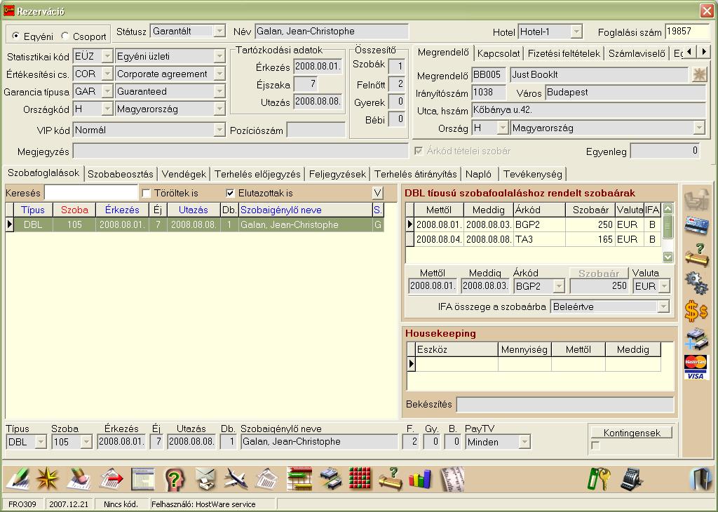 Szállodai Front Office winfro v7.8 4.1.1. Rezerváció ablak ismertetése 4.1.1.1. Szobafoglalás adatai A szobafoglalással kapcsolatos információ együttest három fő csoportra osztottuk.