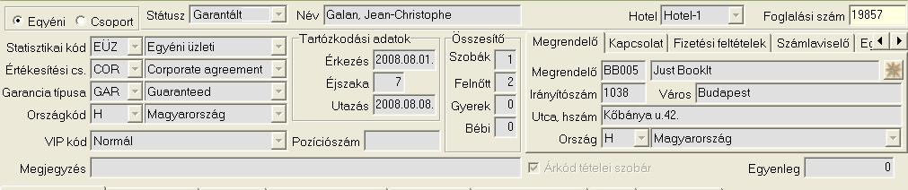 A szobához szorosan kötődő, de nem árinformáció jellegű adatok, a foglalásfej alá rendelt Szobafoglalásokban találhatók meg.