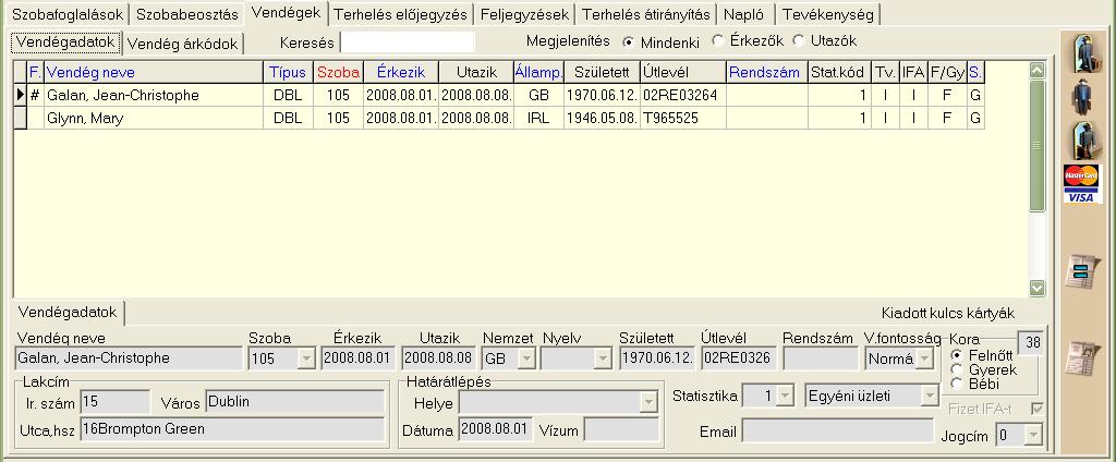 winfro v7.8 Szállodai Front Office 4.1.1.3. Vendégadatok A rendszernek ebben a részében van lehetősége a vendégadatok (cardex) rögzítésére.