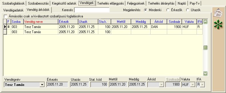 Szállodai Front Office winfro v7.8 4.1.1.4. Vendég árkódok E fülön a vendéghez rendelhetünk árkódot.
