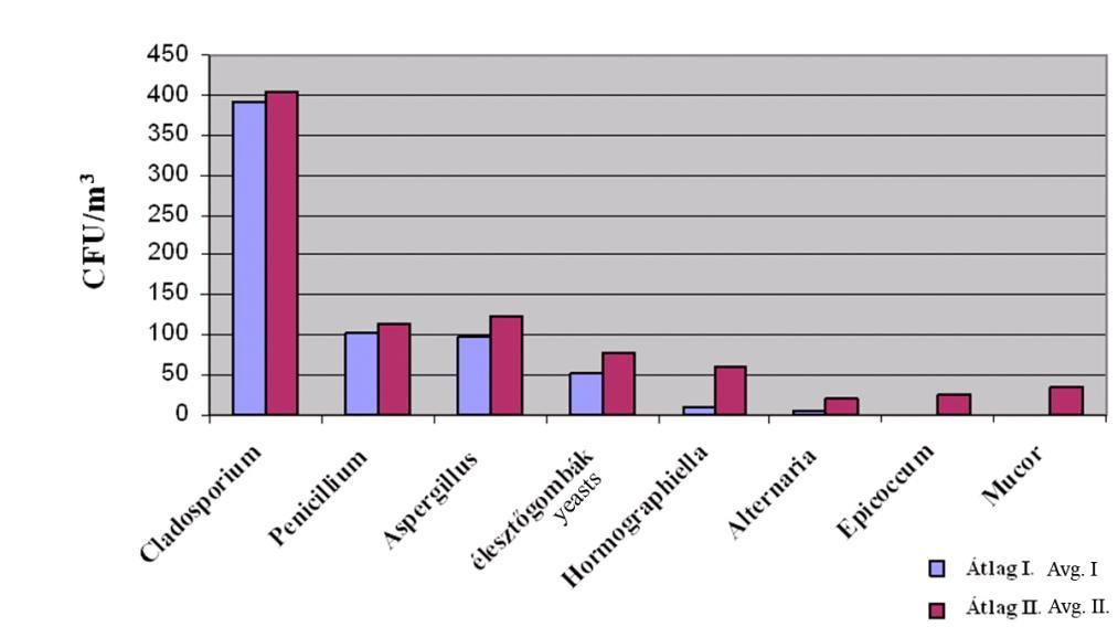 5. ábra: A gombák átlagos légköri koncentrációja (CFU/m 3 ) a kétféle átlagszámítás alapján (átlag I. = összkoncentráció/ összes helyiségek száma; átlag II.