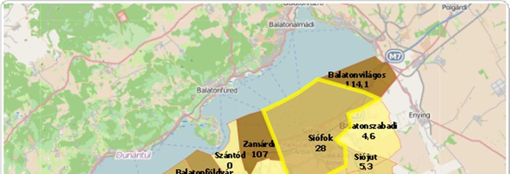 119 1.13-2. ábra: Egy lakosra jutó zöldfelületek nagysága Siófokon és környékén (m 2 ) Forrás: www.teir.hu, 2015.
