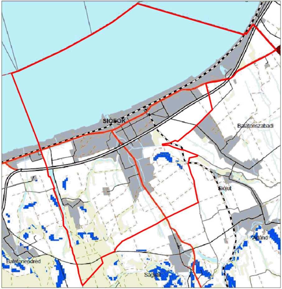 161 1.17-3. ábra: Kivonat a BKÜ TrT (2008) vízeróziónak kitett terület övezete tervlapból 1.17-4. ábra: Nitrát érzékeny területek Siófokon, (Forrás: http://gis.teir.