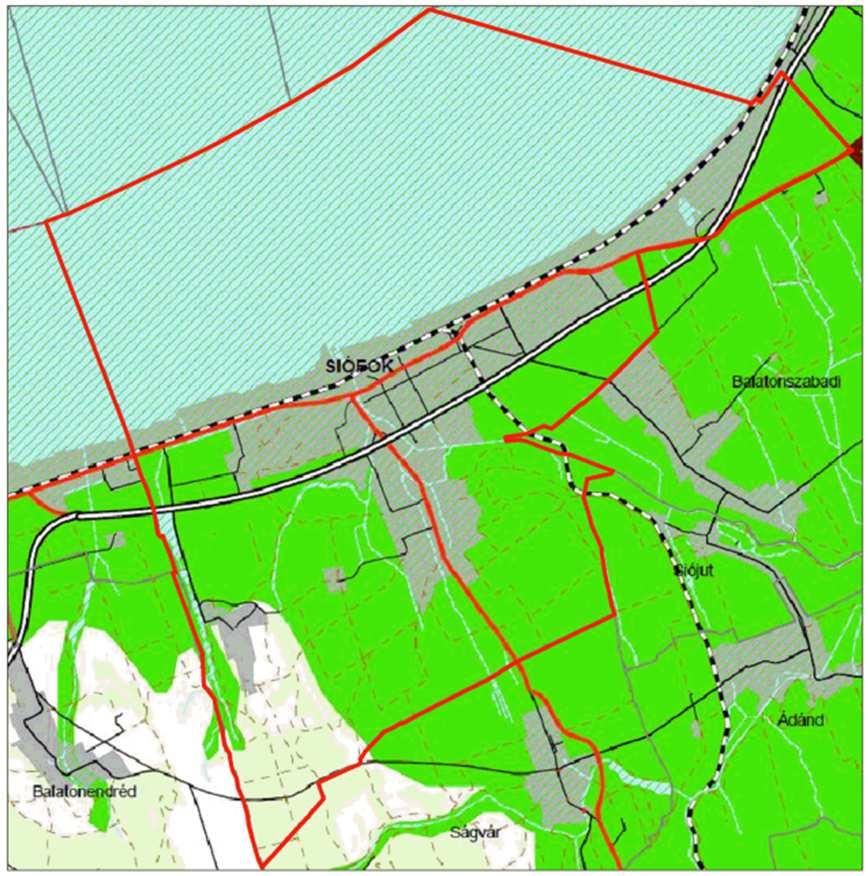 163 1.17-8. ábra: Kivonat a BKÜ TrT (2008) felszíni szennyezésre fokozottan érzékeny terület övezete tervlapból A siófoki közüzemi ivóvíz-ellátást a Dunántúli Regionális Vízmű Zrt.